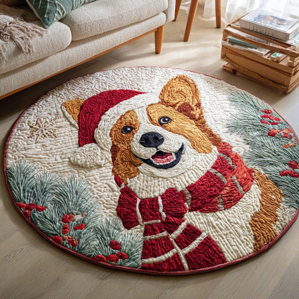 Cozy Corgi Scarf Quilted Round Mat
