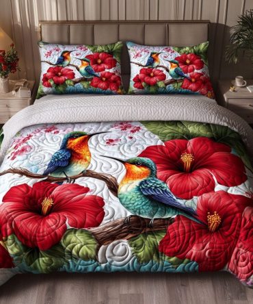 Crimson Blossom Pair 3-Piece Quilted Bedding Set