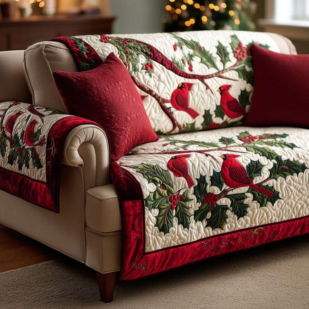 Crimson Cardinals Quilted Sofa Cover