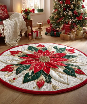 Crimson Poinsettia Quilted Round Mat