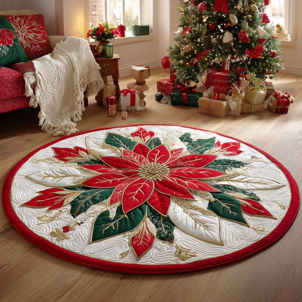 Crimson Poinsettia Quilted Round Mat