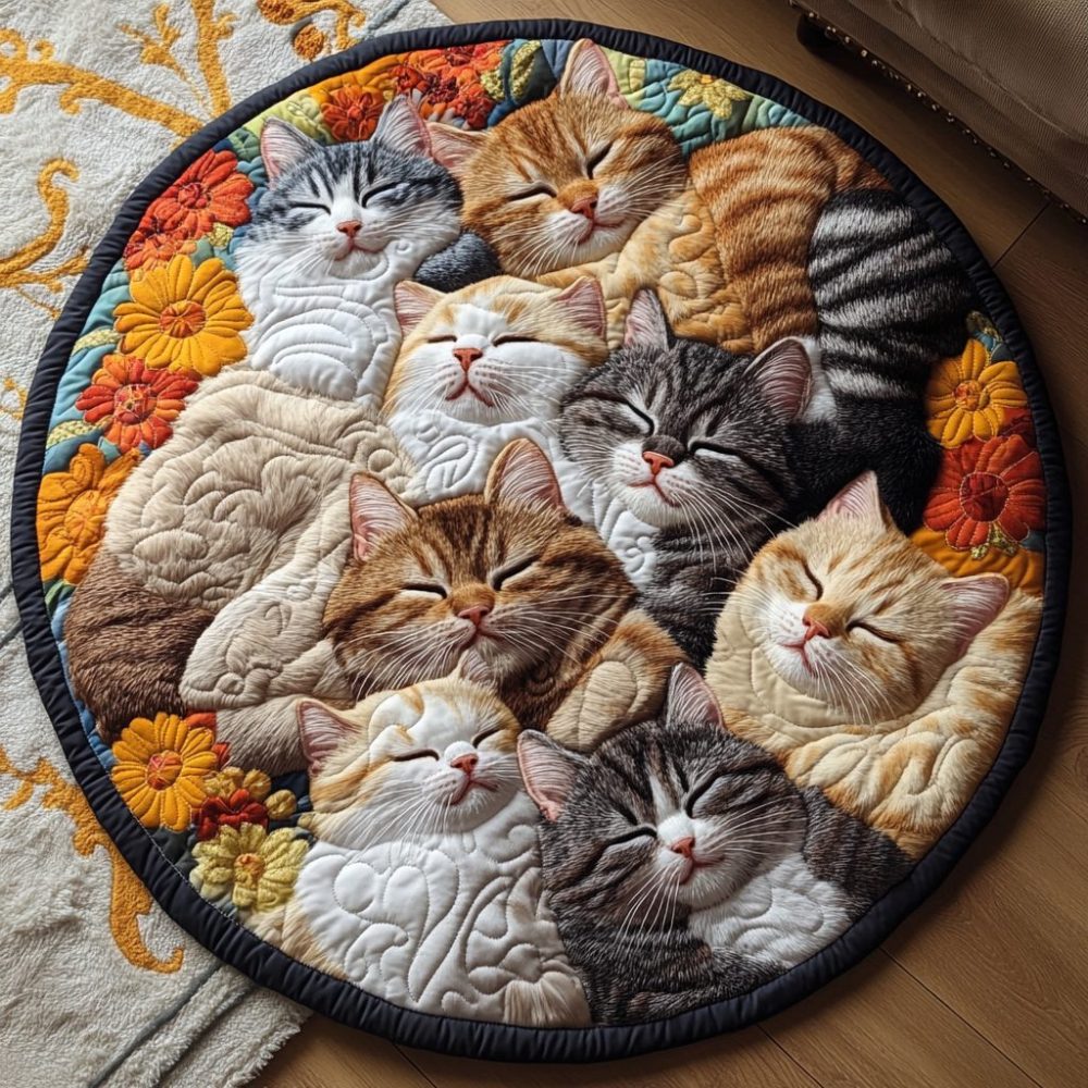 Cuddling Cat Garden Quilted Round Mat