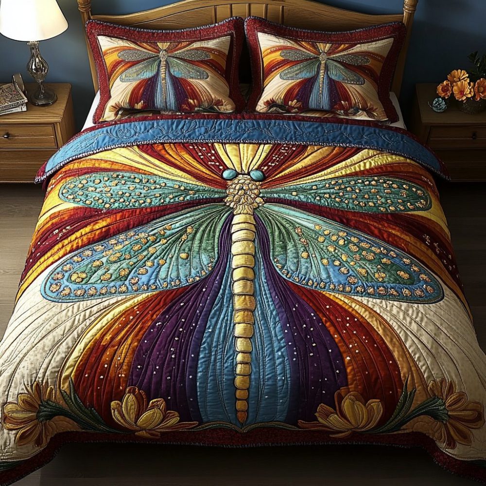 Dancing Dragonfly 3-Piece Quilted Bedding Set