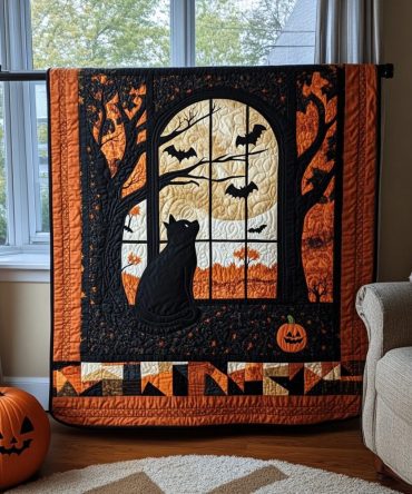 Dark Feline Night Quilted Blanket
