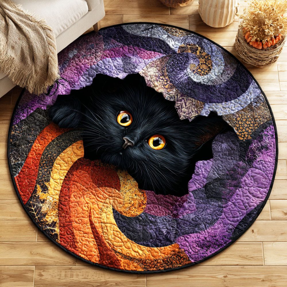 Dark Moon Cat Quilted Round Mat