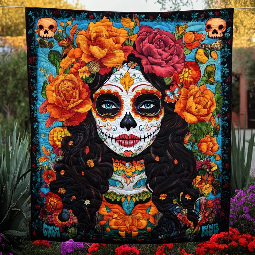 Day Of The Dead Catrina Quilted Blanket