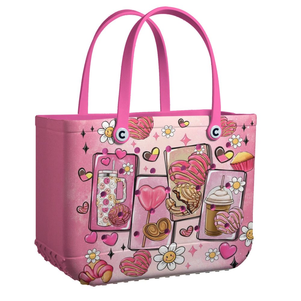 Chic Pink Tote Bag With Cute Dessert & Flower Print - Stylish & Spacious