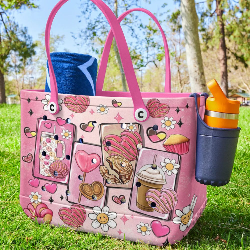 Chic Pink Tote Bag With Cute Dessert & Flower Print - Stylish & Spacious - Image 3