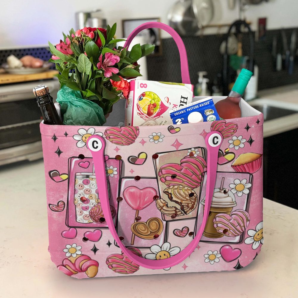 Chic Pink Tote Bag With Cute Dessert & Flower Print - Stylish & Spacious - Image 4