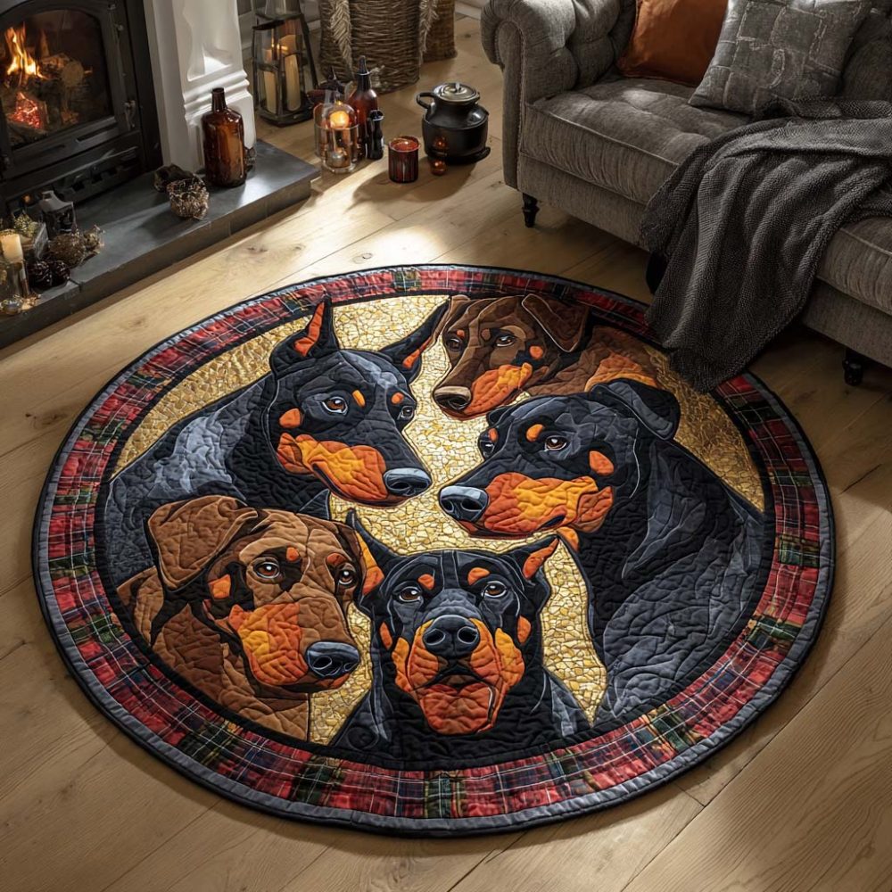 Doberman Christmas Guard Quilted Round Mat