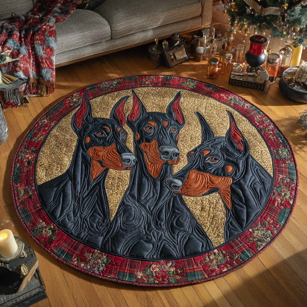 Doberman Festive Trio Quilted Round Mat