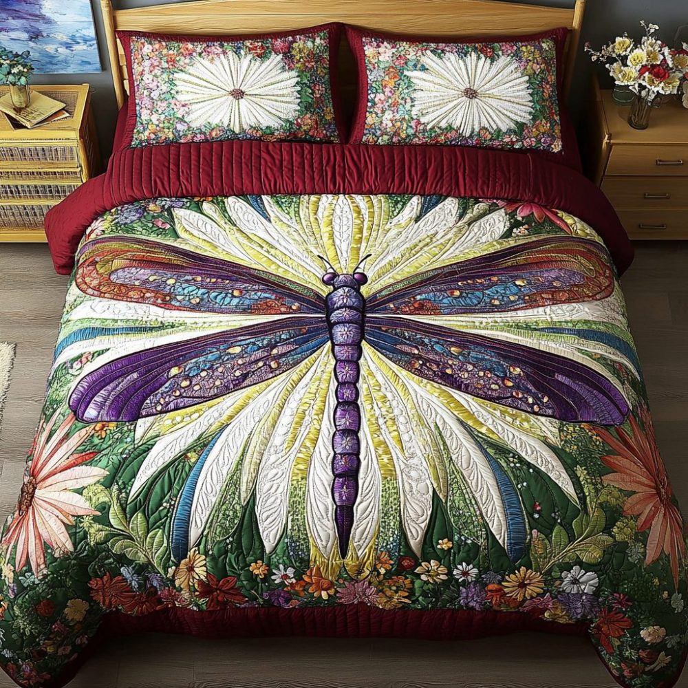 Dragonfly Symphony 3-Piece Quilted Bedding Set