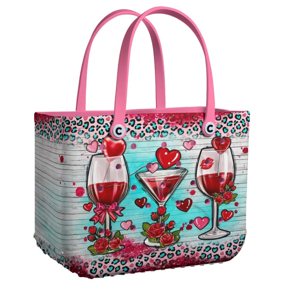 Chic Valentine'S Wine Tote Bag – Vibrant Heart & Rose Design, Perfect Gift!