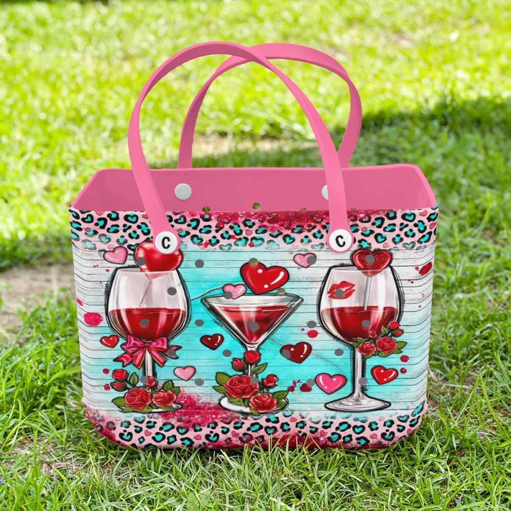 Chic Valentine'S Wine Tote Bag – Vibrant Heart & Rose Design, Perfect Gift! - Image 2