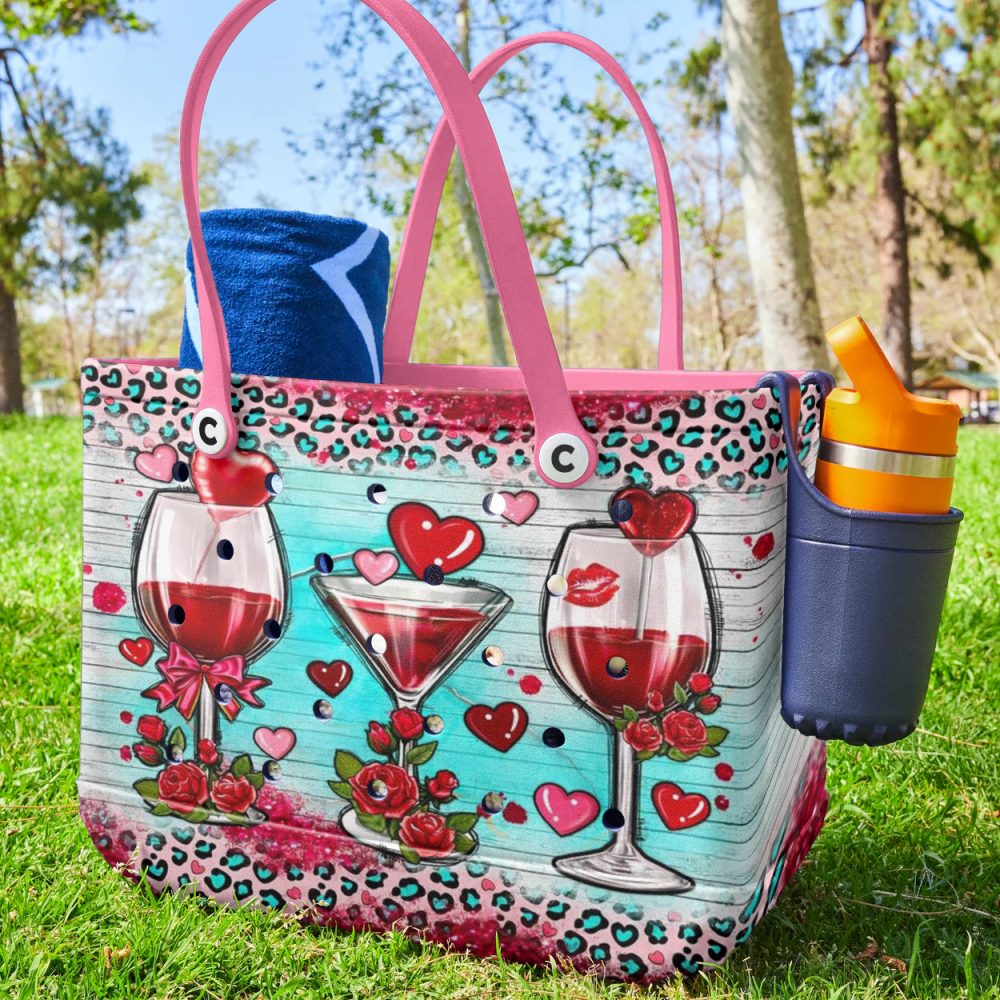 Chic Valentine'S Wine Tote Bag – Vibrant Heart & Rose Design, Perfect Gift! - Image 3