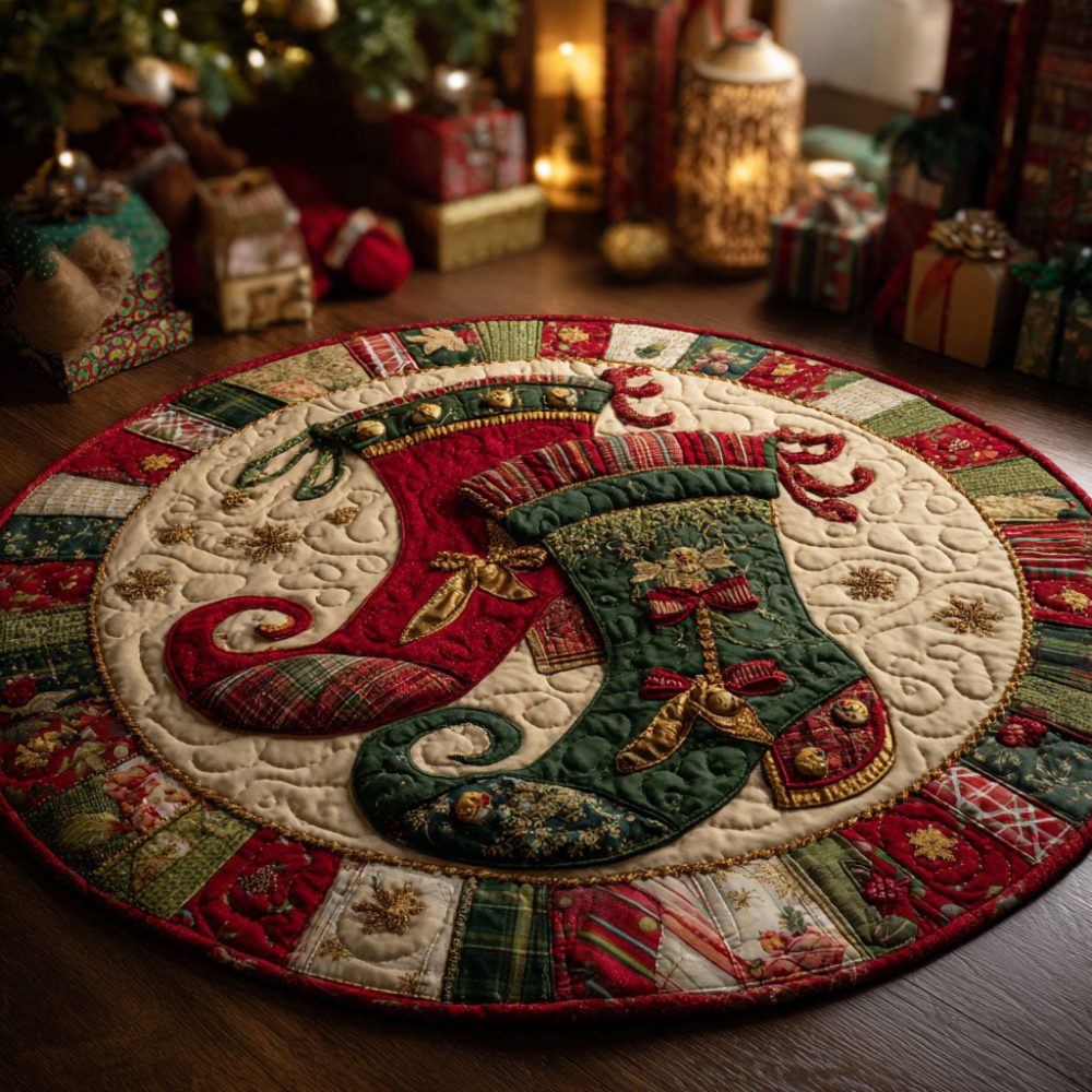 Elf Stockings Quilted Round Mat