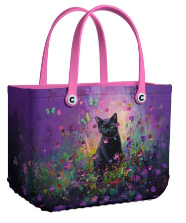 Enchanting Black Cat Tote Bag With Floral & Butterfly Design – Vibrant Purple, Perfect For Cat Lovers!