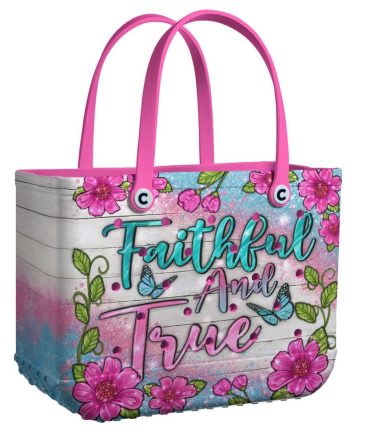 Vibrant Floral Tote Bag - 'Faithful And True' Design, Pink Handles, Perfect For Everyday Use