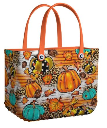 Chic Fall Pumpkin Tote Bag - Autumn Leaves & Leopard Print Shopper, Perfect For Seasonal Style