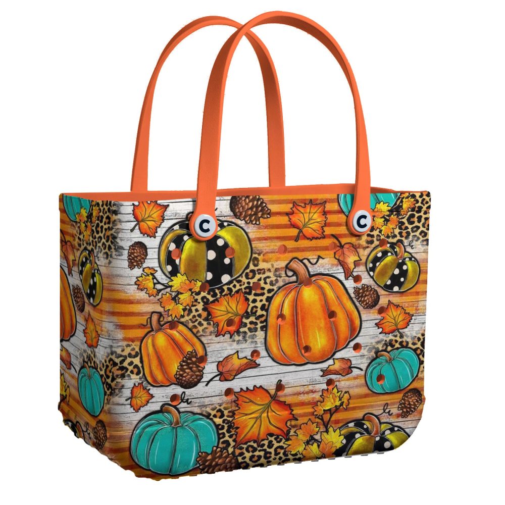 Chic Fall Pumpkin Tote Bag - Autumn Leaves & Leopard Print Shopper, Perfect For Seasonal Style