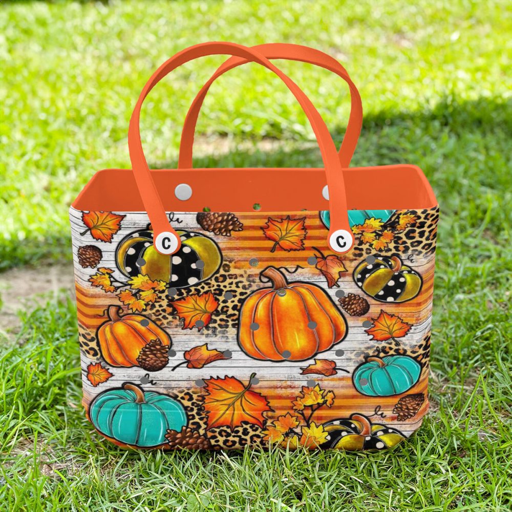 Chic Fall Pumpkin Tote Bag - Autumn Leaves & Leopard Print Shopper, Perfect For Seasonal Style - Image 2