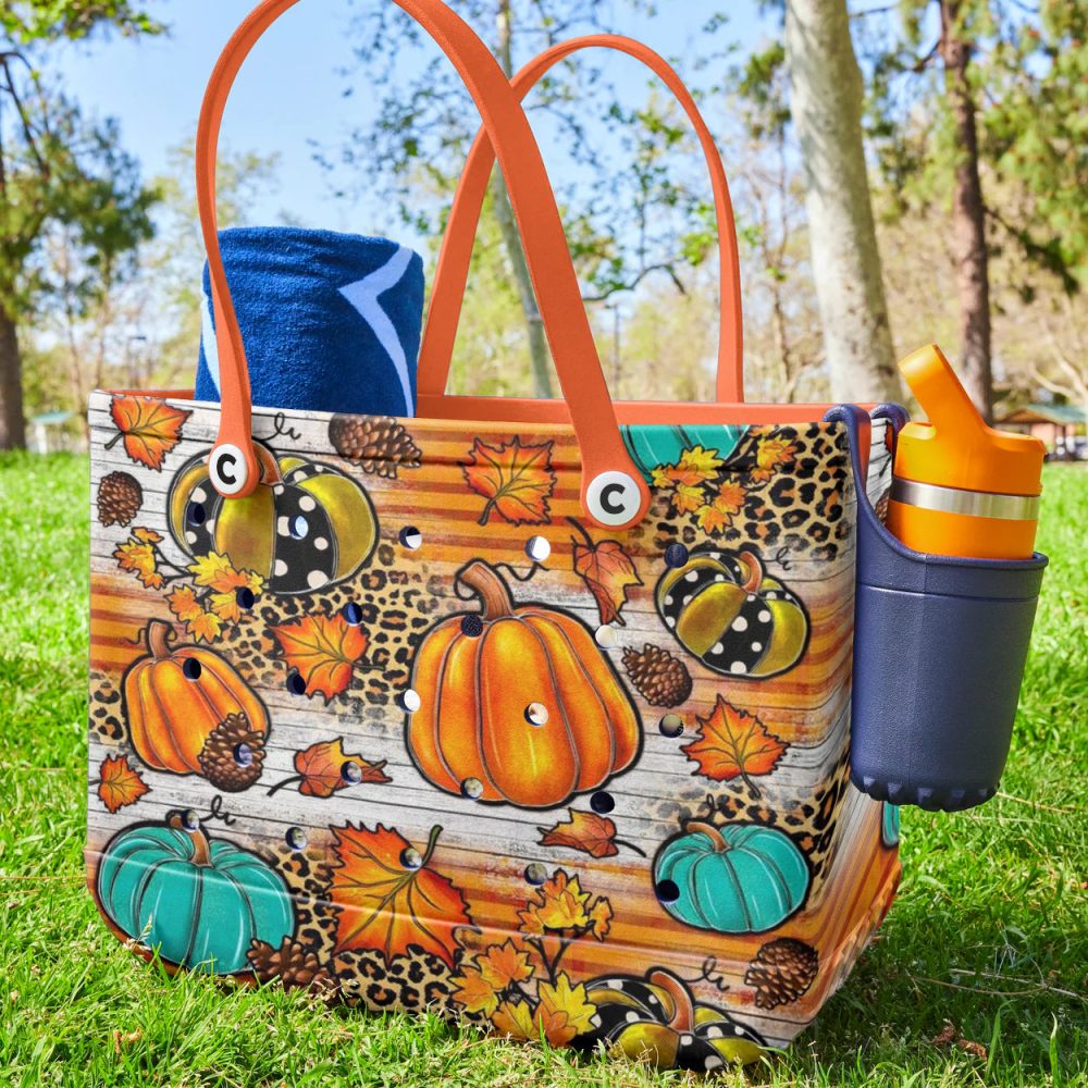 Chic Fall Pumpkin Tote Bag - Autumn Leaves & Leopard Print Shopper, Perfect For Seasonal Style - Image 3