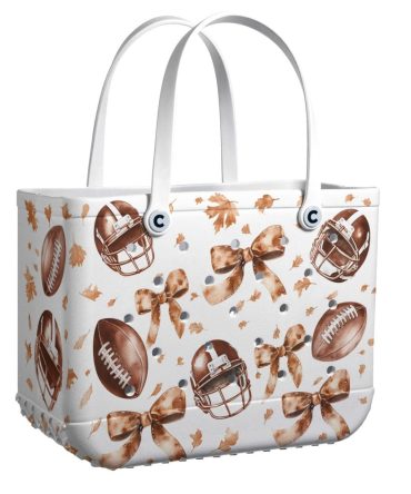 Stylish Football Tote Bag With Autumn Leaves & Bow Print - Perfect For Game Day & Everyday Use