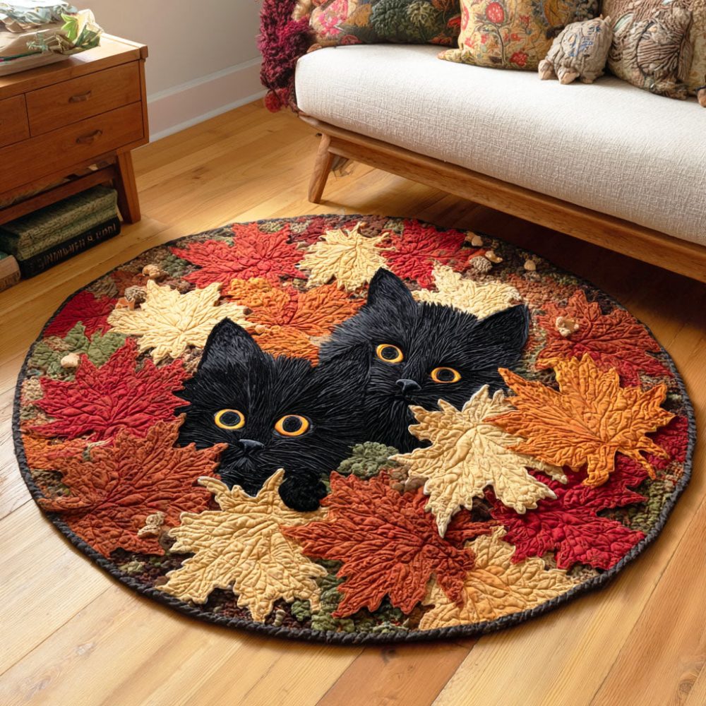 Fallen Leaves Cat Quilted Round Mat