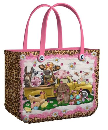 Chic Farm Animal Tote Bag - Vibrant, Fun, And Spacious With Pink Leopard Print - Perfect For Shopping Or Beach