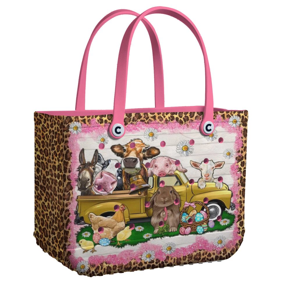Chic Farm Animal Tote Bag - Vibrant, Fun, And Spacious With Pink Leopard Print - Perfect For Shopping Or Beach
