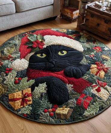 Festive Black Cat Quilted Round Mat