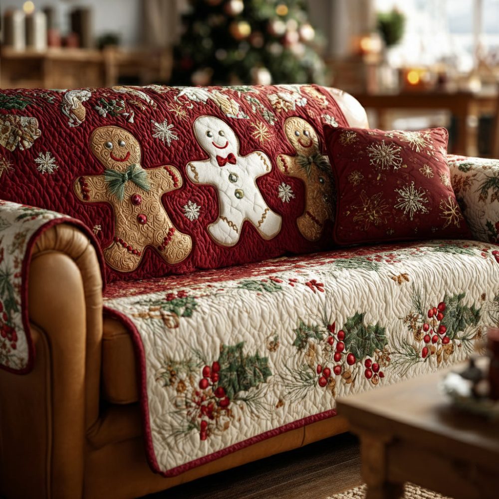 Festive Gingerbread Man Quilted Sofa Cover
