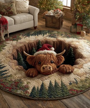 Festive Highland Cow Quilted Round Mat