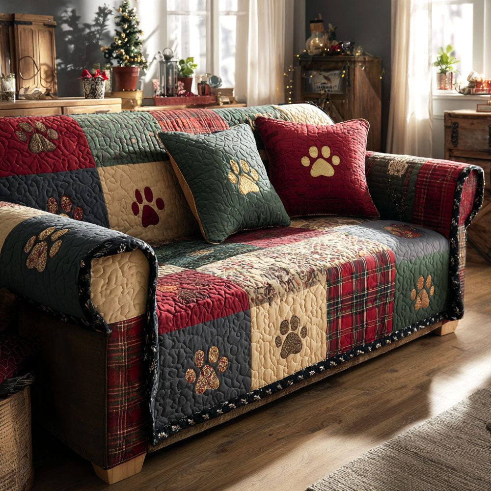 Festive Paw Quilted Sofa Cover