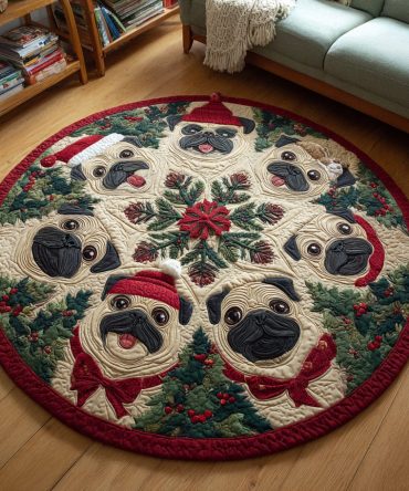 Festive Pug Quilted Round Mat