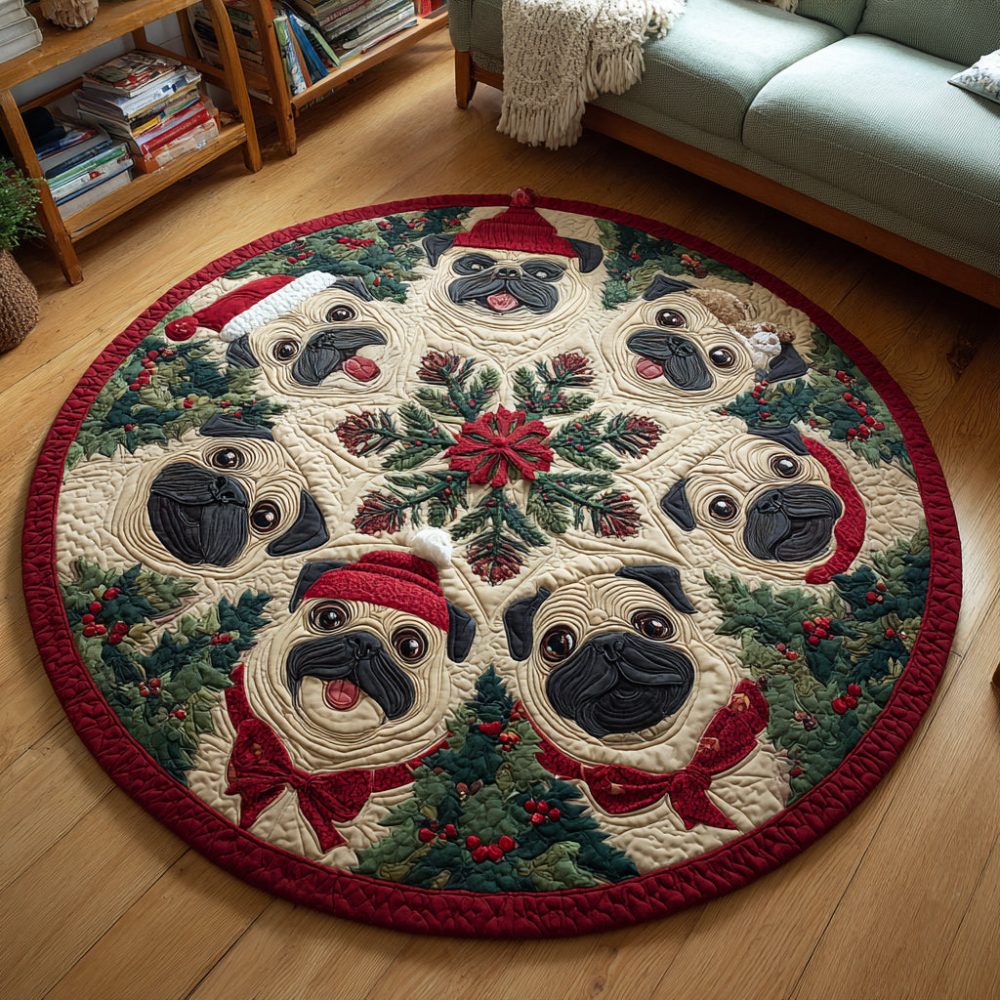 Festive Pug Quilted Round Mat