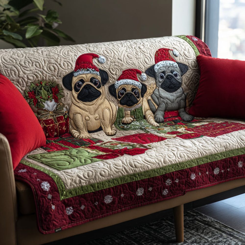 Festive Pug Trio Quilted Sofa Cover