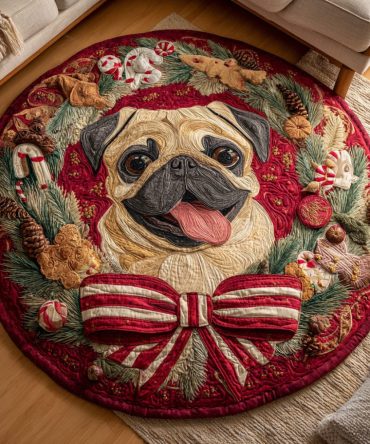 Festive Pug Wreath Quilted Round Mat