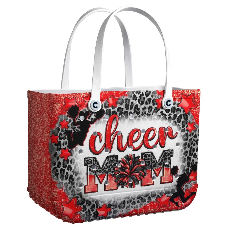 Stylish Cheer Mom Tote Bag – Red & Leopard Print With Star Accents – Perfect For Cheerleading Enthusiasts