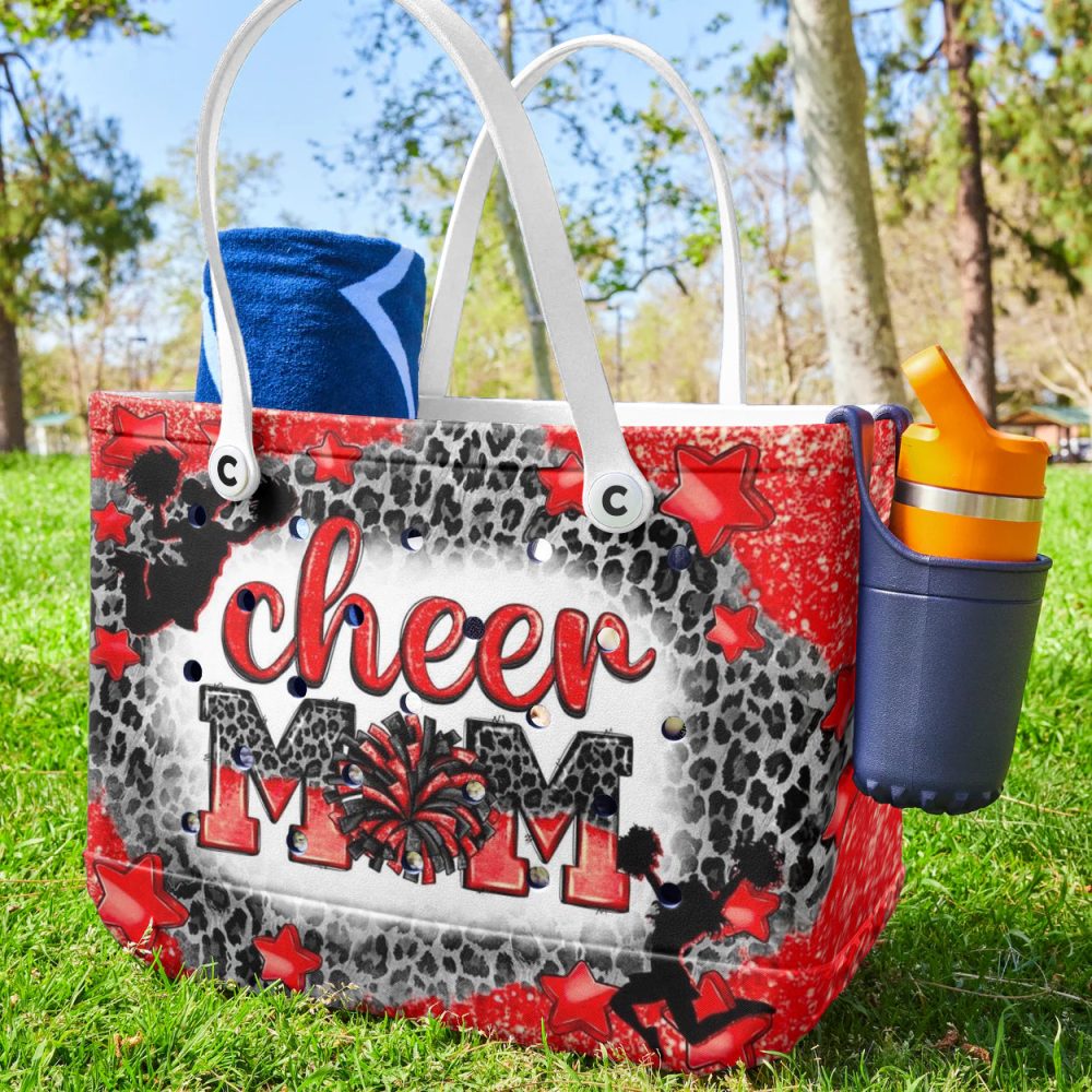 Stylish Cheer Mom Tote Bag – Red & Leopard Print With Star Accents – Perfect For Cheerleading Enthusiasts - Image 2