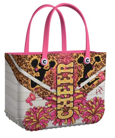 Vibrant Cheerleader Tote Bag - Leopard Print With Pom Poms & Pink Accents - Perfect For Cheer Practice & Gifts
