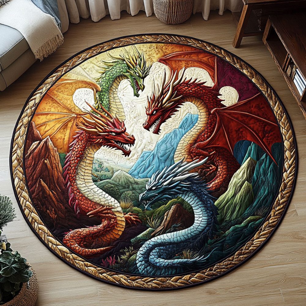 Fire And Ice Dragon Quilted Round Mat