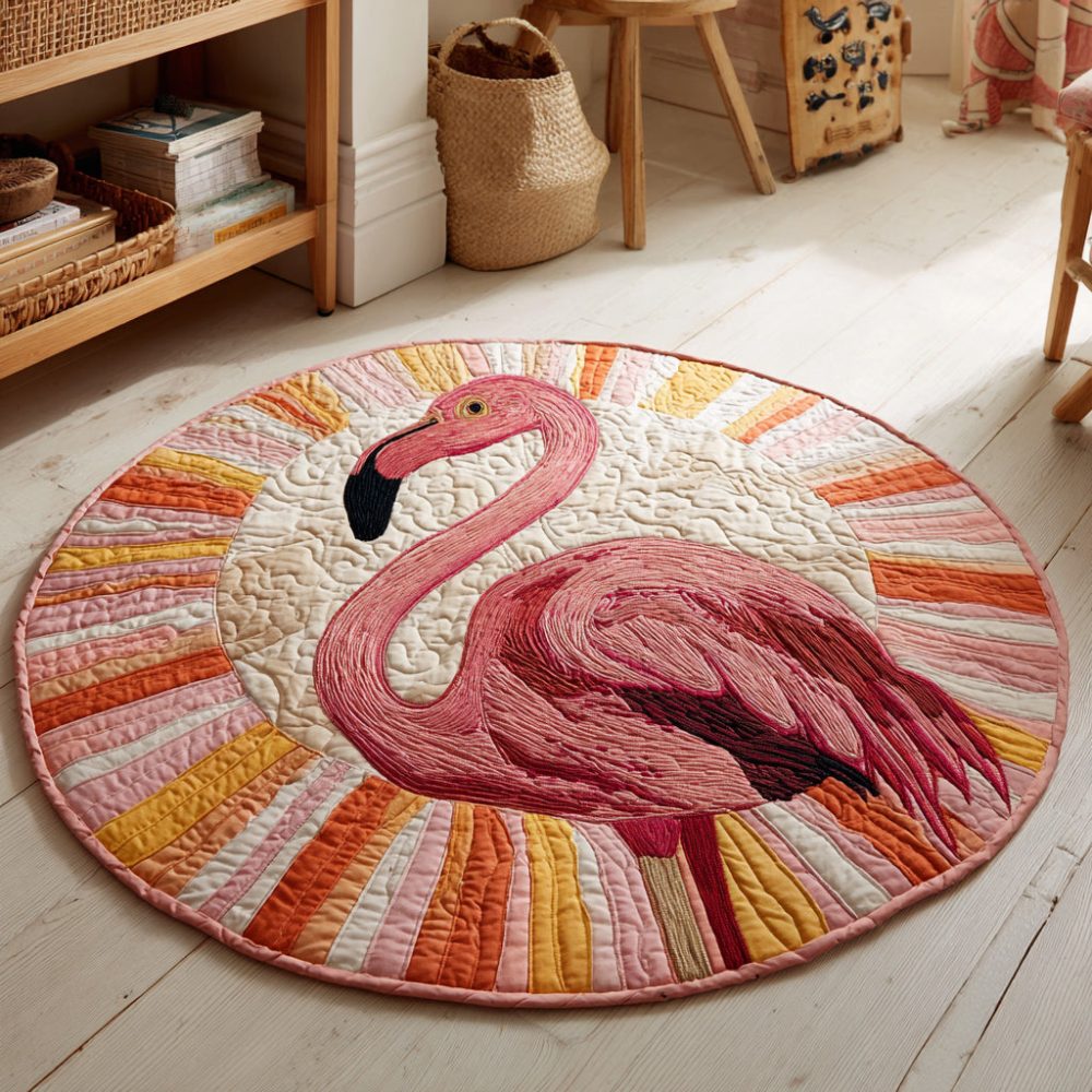 Flamingo Garden Delight Quilted Round Mat