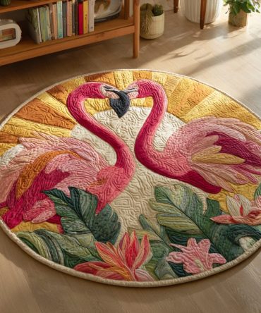 Flamingo Heart Bloom Quilted Round Mat