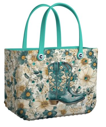 Floral Western Boot Tote Bag - Stylish Turquoise & Flower Design For Everyday Use