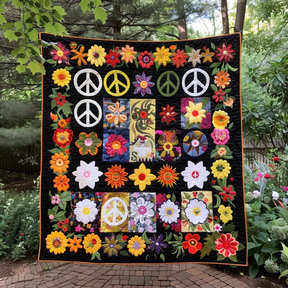 Floral Peace Sign Quilted Blanket