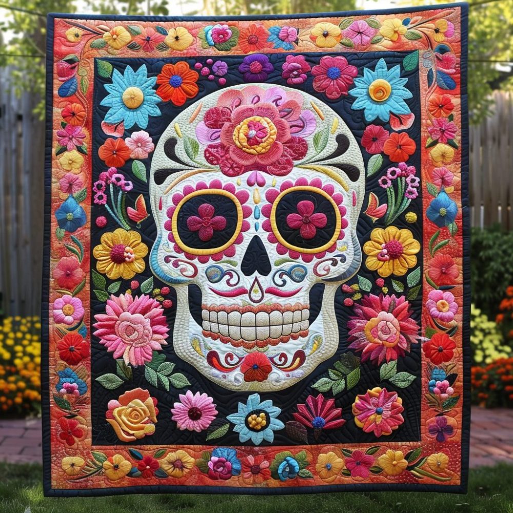 Floral Sugar Skull Quilted Blanket