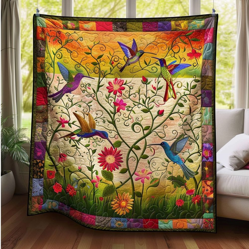 Floral Hummingbird Quilted Blanket