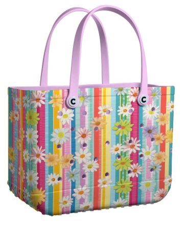 Colorful Floral Tote Bag With Pink Handles - Perfect For Beach, Shopping & Travel