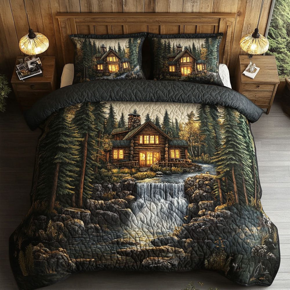 Forest Cabin Waterfall 3-Piece Quilted Bedding Set